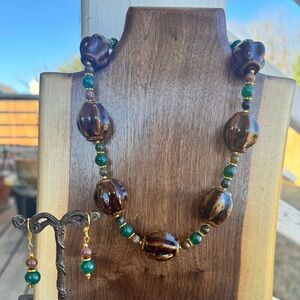 Brown Ceramic and Agate Statement Necklace & Earring Set-Handmade